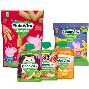 BoboVita mousse en tubo, 3 x 80 g + patatas fritas, 20 g + galletas, 150 g