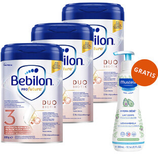 Bebilon Profutura DuoBiotik 3, formula nutriente a base di latte, dopo 1 anno, 3 x 800 g + Mustela Bebe Enfant Hydra Bebe, latte per il corpo, 300 ml in omaggio