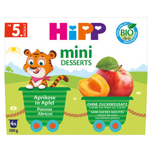 HiPP Mini Dessert Bio, pomme, abricot, après 5 mois, 4 x 100 g