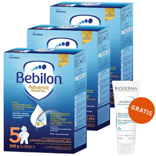 Set Bebilon Advance Pronutra 5 Junior, formula nutriente a base di latte, per bambini in età prescolare, 3 x 1000 g + Bioderma Atoderm Intensive Baume, lozione emolliente, 75 ml in omaggio