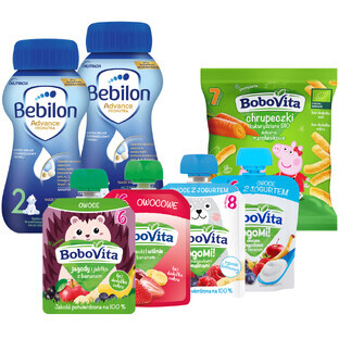 Set Bebilon Advance Pronutra 2, lait de suite prêt à boire, après 6 mois, 2 x 200 ml + BoboVita chips, 20 g + dessert, 4 x 80 g