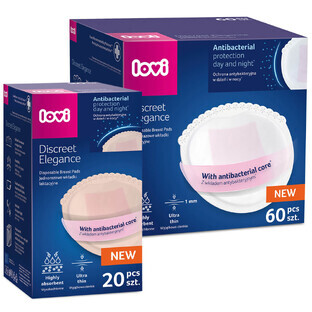 Lovi Discreet Elegance set, tampoane pentru sân, antibacteriene, alb, 60 bucăți + tampoane pentru sân, antibacteriene, bej, 20 bucăți