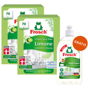 Set Frosch, Pastilles pour lave-vaisselle, Classic, lime, 2 x 70 pcs + liquide vaisselle, amande, 500 ml gratuit