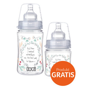 Lovi Trends, biberón con tetina dinámica, Beige, a partir de 3 meses, 240 ml + biberón desde el nacimiento, 120 ml gratis