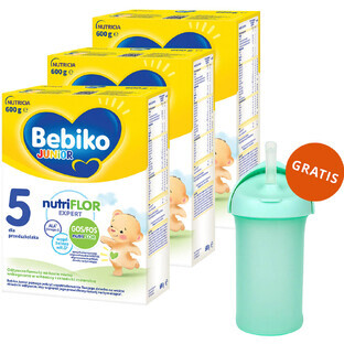 Bebiko Junior 5 Nutriflor Expert set, nutritious milk-based formula, for preschooler, 3 x 600 g + Boon, Swig straw bottle, 265 ml free of charge