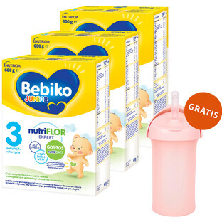 Bebiko Junior 3 Nutriflor Expert set, fórmula nutritiva a base de leche, más de 1 año, 3 x 600 g + Boon, bidón de pajita Swig, 265 ml gratis