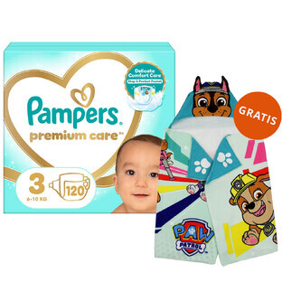 Pampers Premium Care, scutece, mărimea 3, 6-10 kg, 120 buc + pelerină prosop Psi Patrol gratuit
