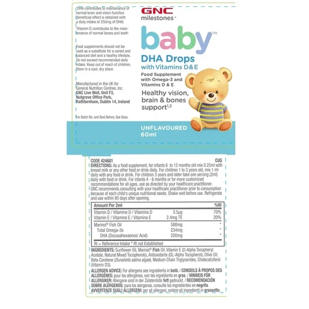 GNC Milestones® Baby™ DHA Druppels met Vitaminen D & E, Druppels met DHA + Vitamine D en E voor Baby's, 60 ml