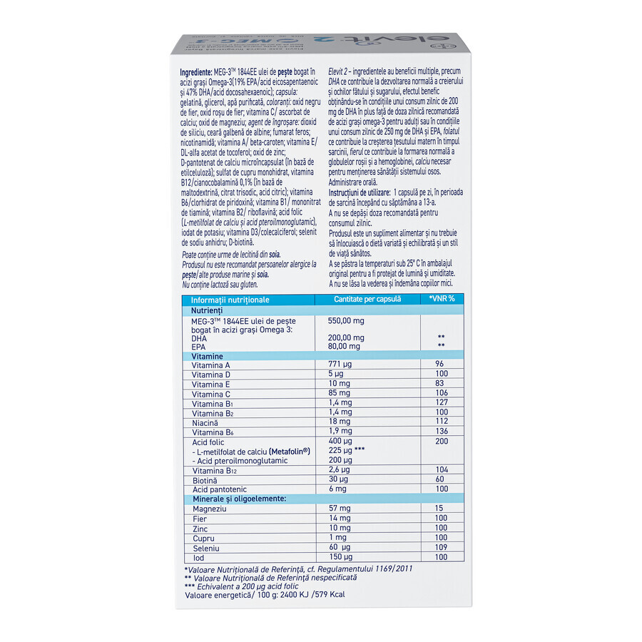 Elevit 2, Multivitaminas para el embarazo - 2º y 3er trimestre del embarazo, 30 cápsulas, Bayer