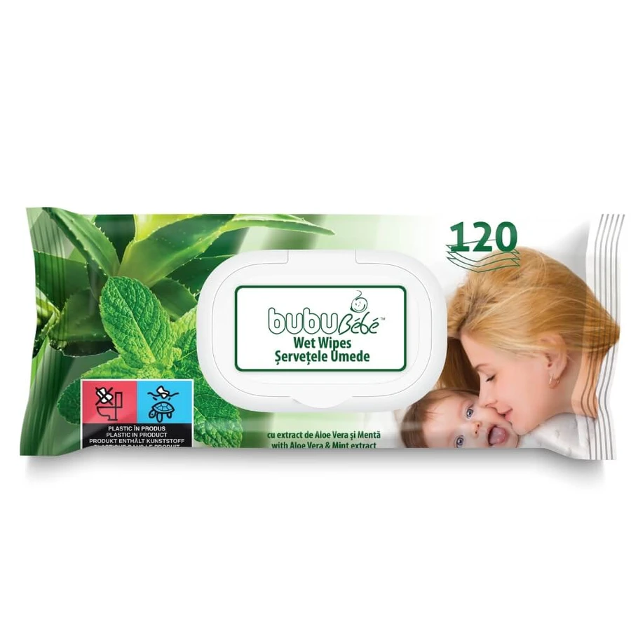 Wet napkins with aloe vera and mint, 120 pieces, Bubu Bebe