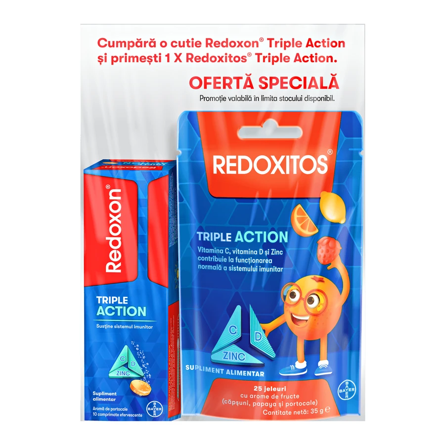 Redoxon Triple Action Vitamin C, D und Zink Pack, 10 Tabletten + Redoxitos Triple Action Vitamin C Jelly 30 mg, 25 Stück, Bayer