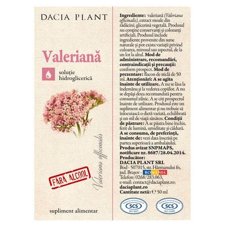 Extracto natural de valeriana sin alcohol, 50 ml, Dacia Plant