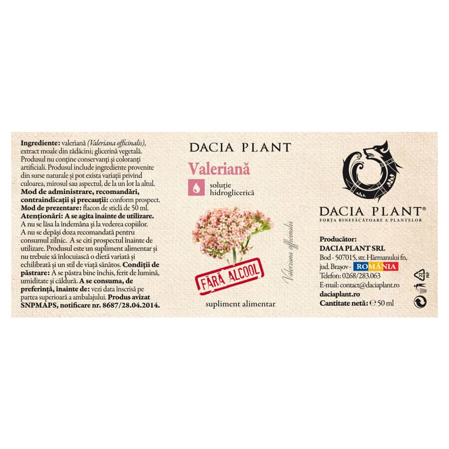 Extracto natural de valeriana sin alcohol, 50 ml, Dacia Plant