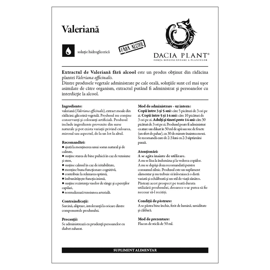 Extracto natural de valeriana sin alcohol, 50 ml, Dacia Plant
