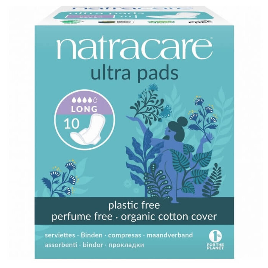 Ultra Pads Long Organic Absorbents with fins, 10 pieces, Natracare