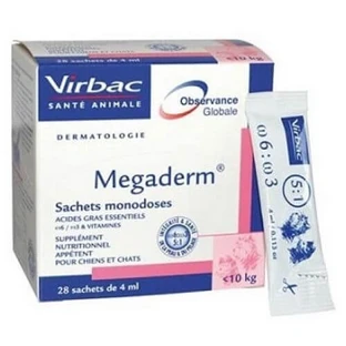 Nahrungsergänzungsmittel mit essentiellen Fettsäuren zur Verbesserung der Fellqualität bei Hunden und Katzen unter 10 kg Megaderm 4 ml, 28 Beutel, Virbac