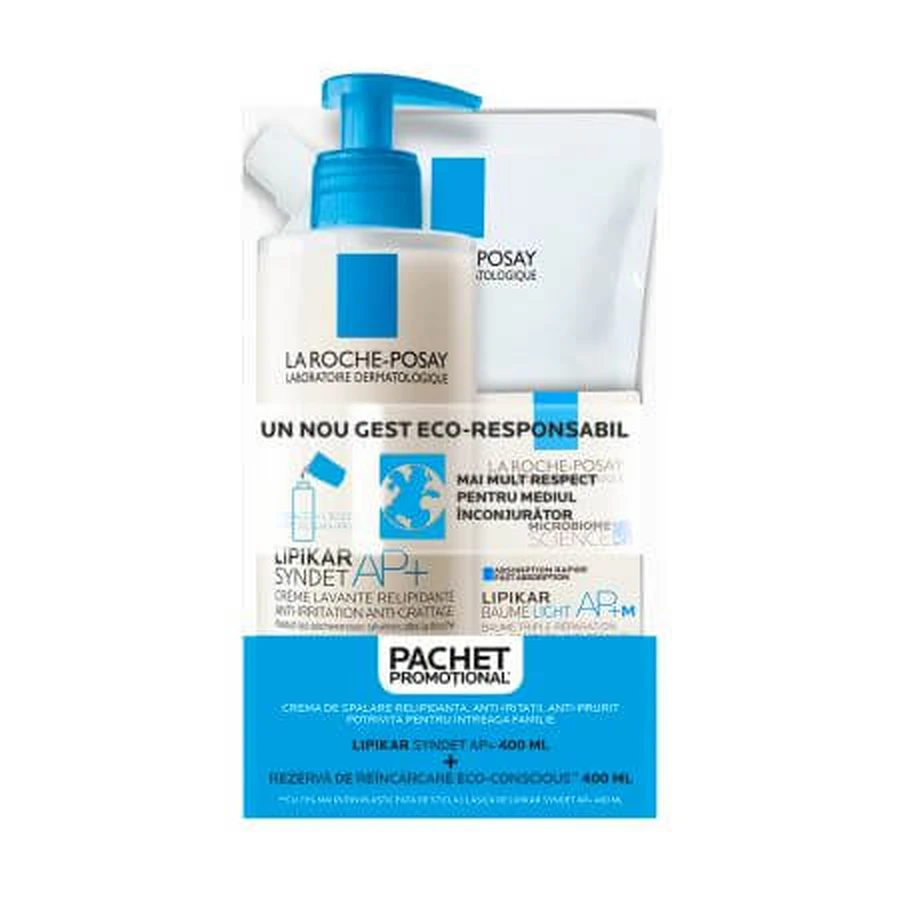 Gel limpiador calmante para pieles sensibles y secas 400 ml + Recambio 400 ml Lipikar Syndet AP+, La Roche-Posay