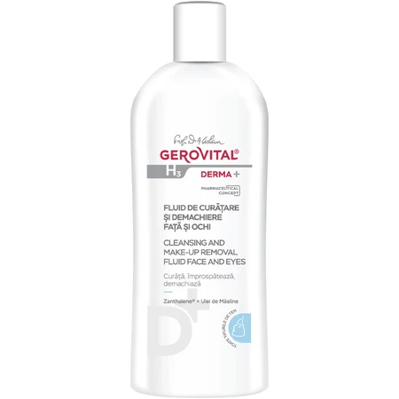 Gerovital H3 Derma+ Fluido limpiador y desmaquillante para rostro y ojos, 200 ml