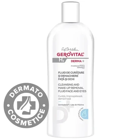 Gerovital H3 Derma+ Fluido limpiador y desmaquillante para rostro y ojos, 200 ml