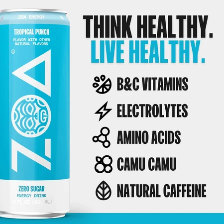 ZOA™ Energy Drink Zero Sugar Bebida energética sin azúcar con ponche tropical, 355 ml, GNC