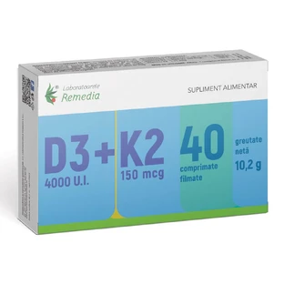 Vitamina D3 4000 UI + Vitamina K2 150 mcg, 40 comprimidos recubiertos con película, Remedia