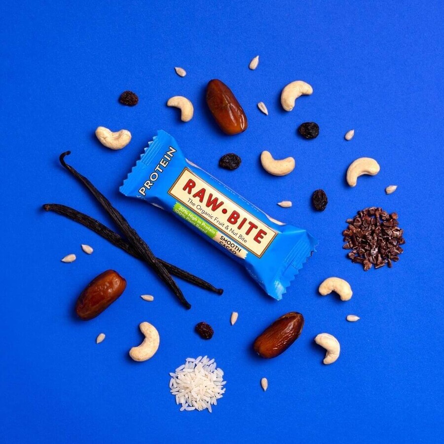 Barrita proteica ecológica de cacao suave, 45 g, Rawbite