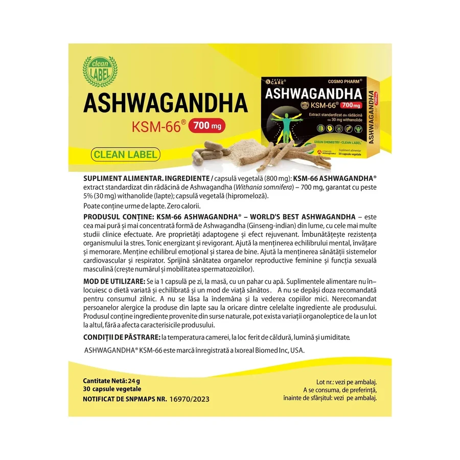 Ashwaganda KSM-66, 700 mg, 30 capsules, Cosmopharm