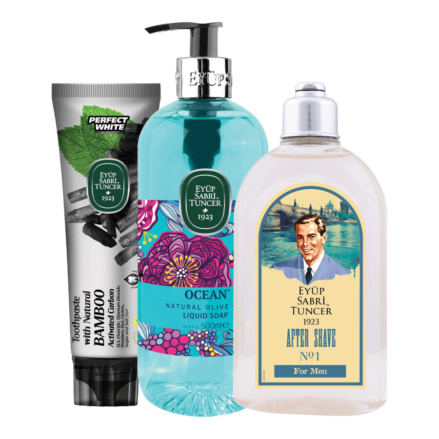 Boutique Forfait après-rasage bleu pour hommes, 250 ml + savon liquide, 500 ml + dentifrice 90 ml, Eyup Sabri Tuncer Forfait après-rasage bleu pour hommes, 250 ml + savon liquide, 500 ml + dentifrice 90 ml, Eyup Sabri Tuncer