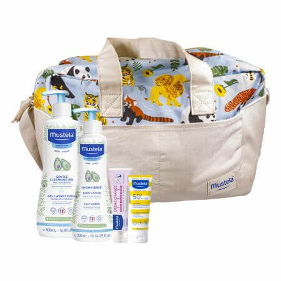 Reinigingsgel 500 ml + Hydra baby body 300 ml + Zonnebeschermingslotion 40 ml + Vitamine barrière 50 ml + Zakje, Mustela