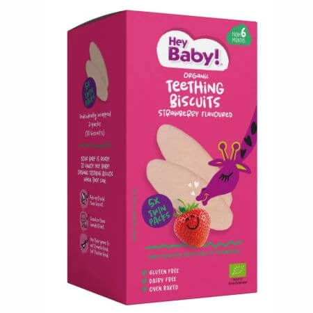 Organic teething biscuits with strawberries, +6 months, 20g, Hey Baby