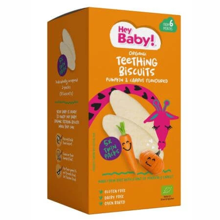 Galletas de dentición ecológicas con zanahoria y calabaza, +6 meses, 20g, Hey Baby
