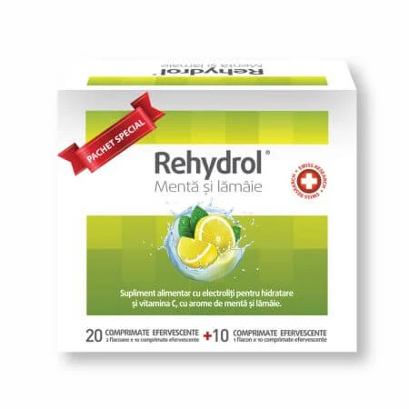 Rehydrol con sabor a Menta y Limón, 20+10 comprimidos efervescentes, MBA Pharma