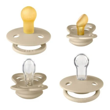 Set mit 4 verschiedenen Silikon- und Latex-Saugern Try-it Collection, 0 Monate+, 4 Stück, Vanille, Lätzchen
