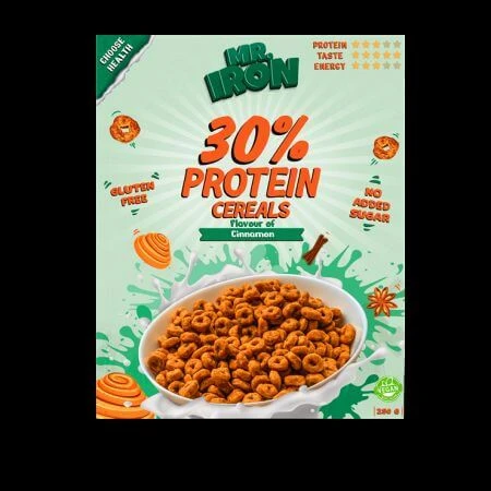 Cereales proteínicos con canela, veganos, sin azúcar y sin gluten, 250 g, Mister Iron