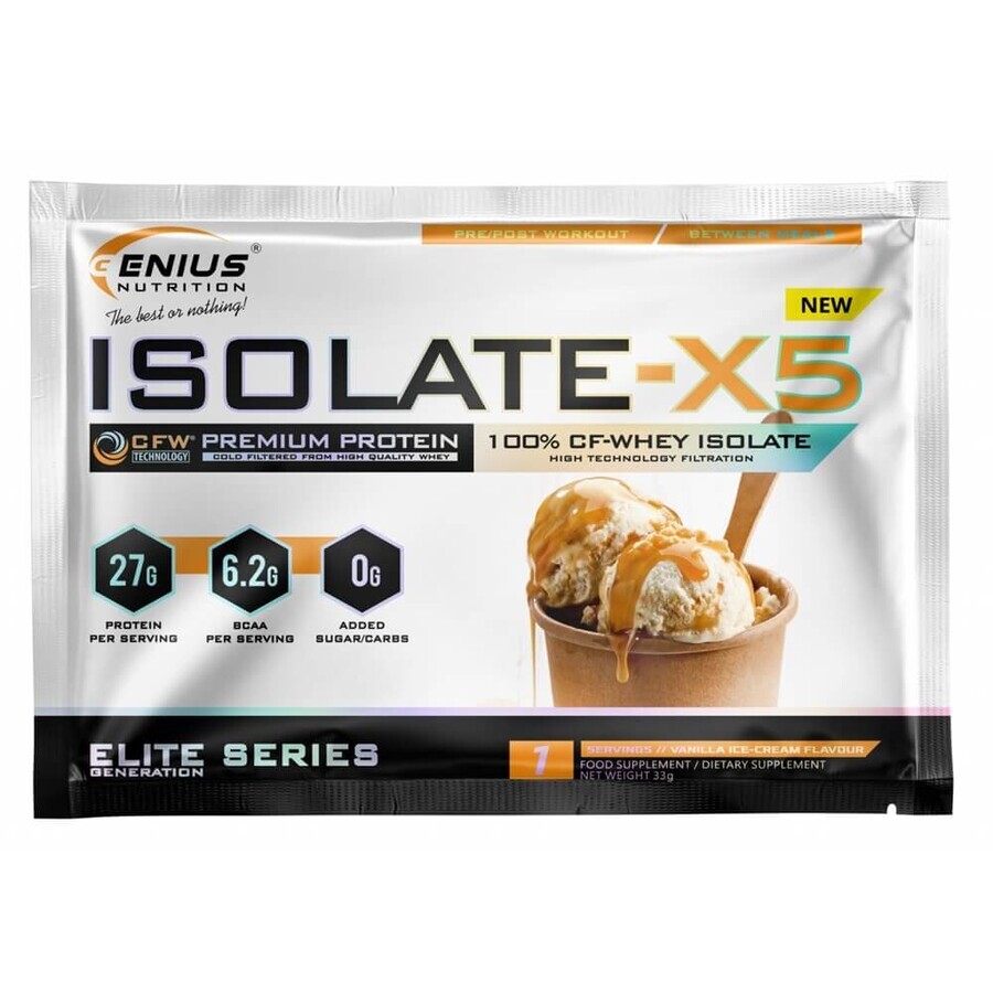 Proteine isolate del siero di latte in polvere al gusto di gelato alla vaniglia Isolate-X5, 33 g, Genius Nutrition
