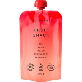 Nutrino Lab Snack, puré de manzana, melocotón, fresa y frambuesa, 200 g