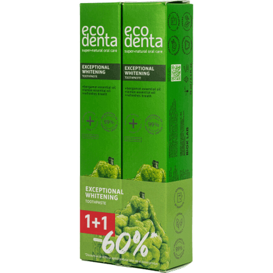 Paquet 1+1-60% Dentifrice blanchissant aux huiles de bergamote, de citron et de Kalident, Ecodenta, 2x75ml