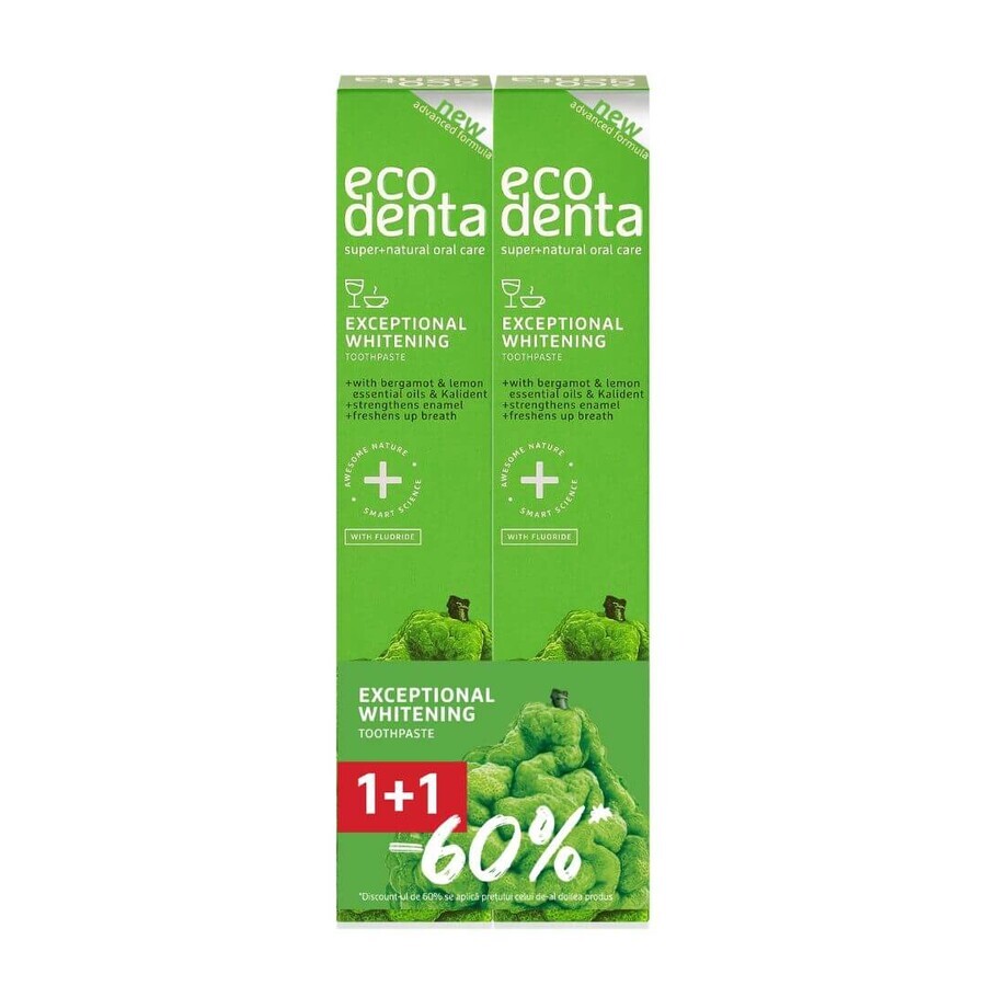 Paquet 1+1-60% Dentifrice blanchissant aux huiles de bergamote, de citron et de Kalident, Ecodenta, 2x75ml