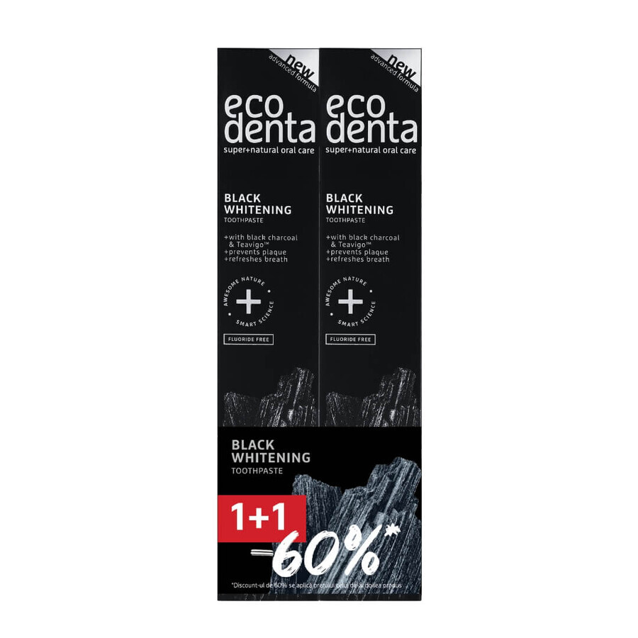 Packung 1+1-60% Whitening Zahnpasta Extra Schwarz mit Holzkohle und Teavigo, Ecodenta, 2x75 ml