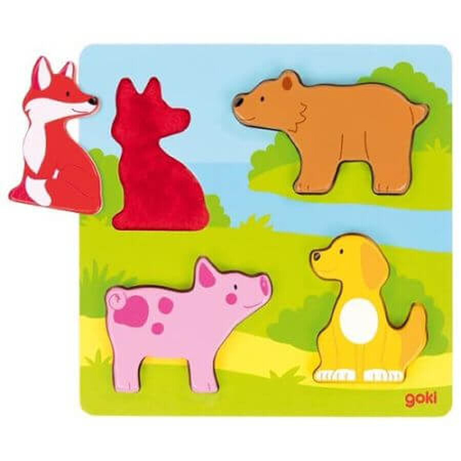 Puzzle tattile in legno Touch and Discover Animals, +12 mesi, Goki