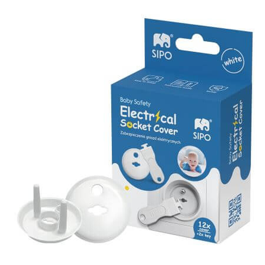Set of 12 protective covers for sockets with two keys, white, Sipo
