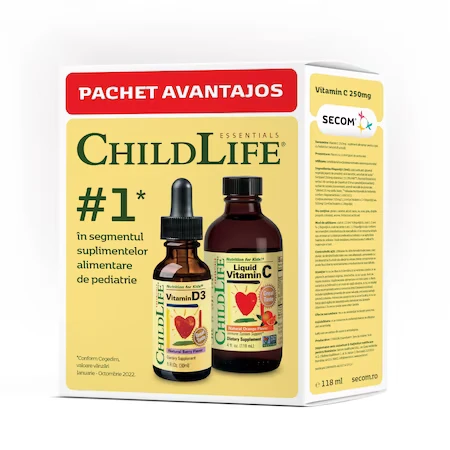 Immuniteitskit voor kinderen Vitamine C ChildLife, 118,5 ml + Vitamine D3 ChildLife, 29,60 ml, Secom