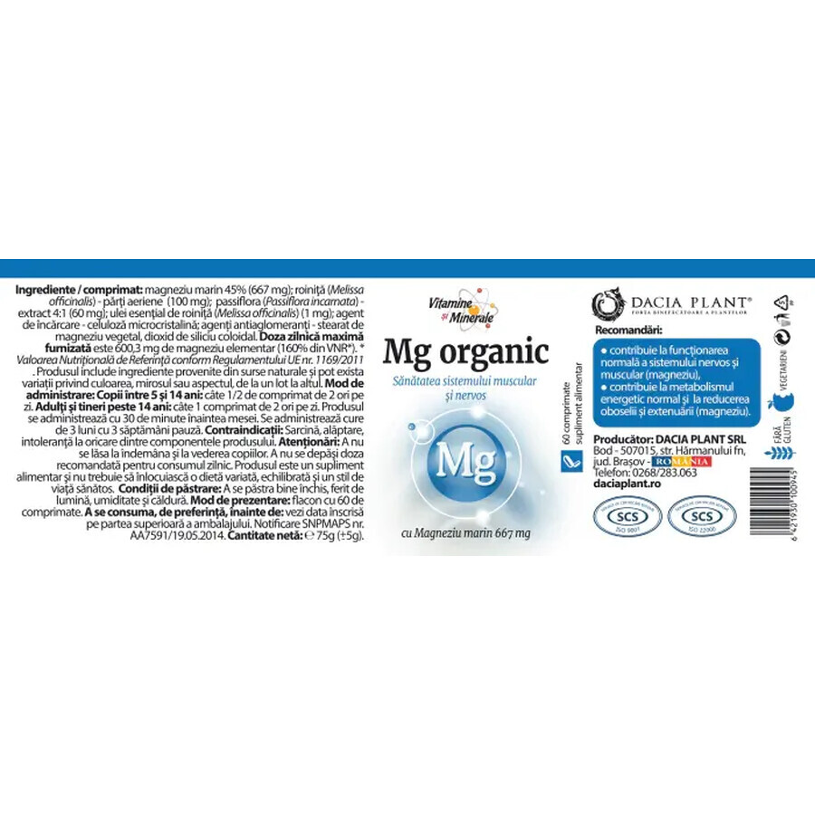 Organic Magnesium, 60 tablets, Dacia Plant