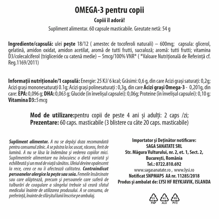 Omega 3 für Kinder, 60 Kaukapseln, Lysi