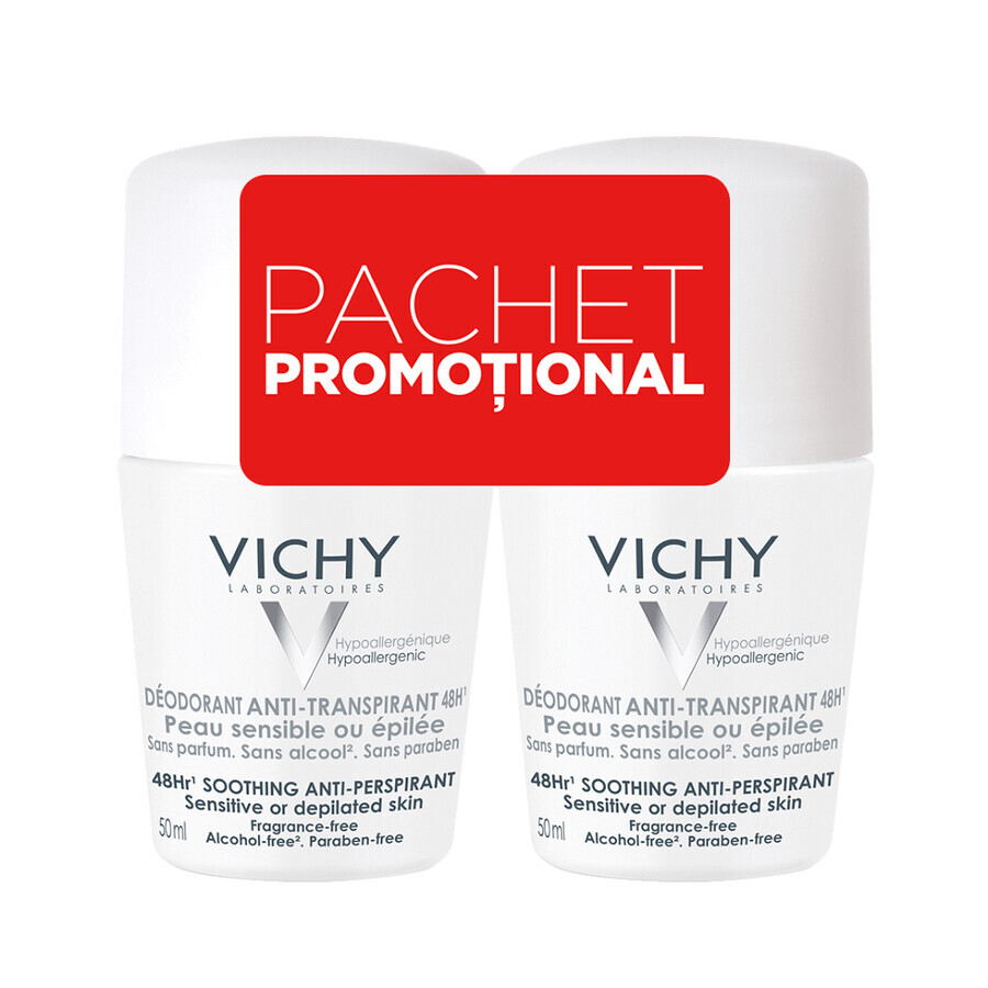Roll-on Antiperspirant Roll-on Deodorant Fragrance Free 48h, 50 ml + 50 ml, Vichy