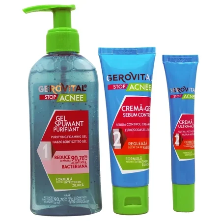 Gerovital Stop Acne Purifying Foaming Gel, 150 ml + Sebum Control Cream-Gel, 50 ml + Ultra-Active Cream, 15 ml, Farmec