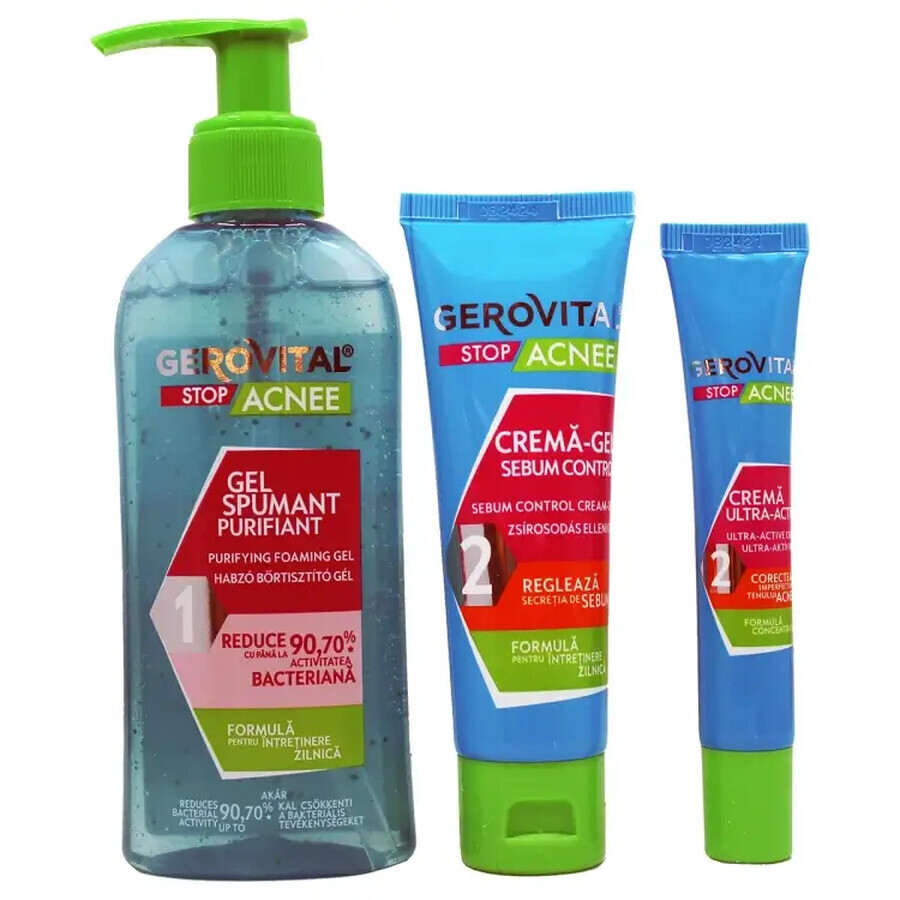 Gerovital Stop Acne Purifying Foaming Gel, 150 ml + Sebum Control Cream-Gel, 50 ml + Ultra-Active Cream, 15 ml, Farmec