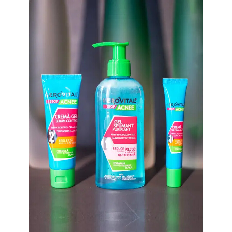 Gerovital Stop Acne Purifying Foaming Gel, 150 ml + Sebum Control Cream-Gel, 50 ml + Ultra-Active Cream, 15 ml, Farmec