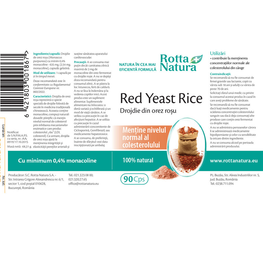 Levure de riz rouge 635 mg, 90 gélules, Rotta Natura