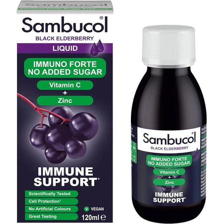 Jarabe sin azúcar con saúco negro, vitamina C y zinc Immuno Forte, 120 ml, Sambucol